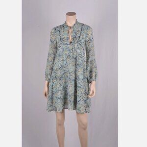 Maje Blue Bouquet Floral Chiffon Tie-Neck Mini Dress NWOT